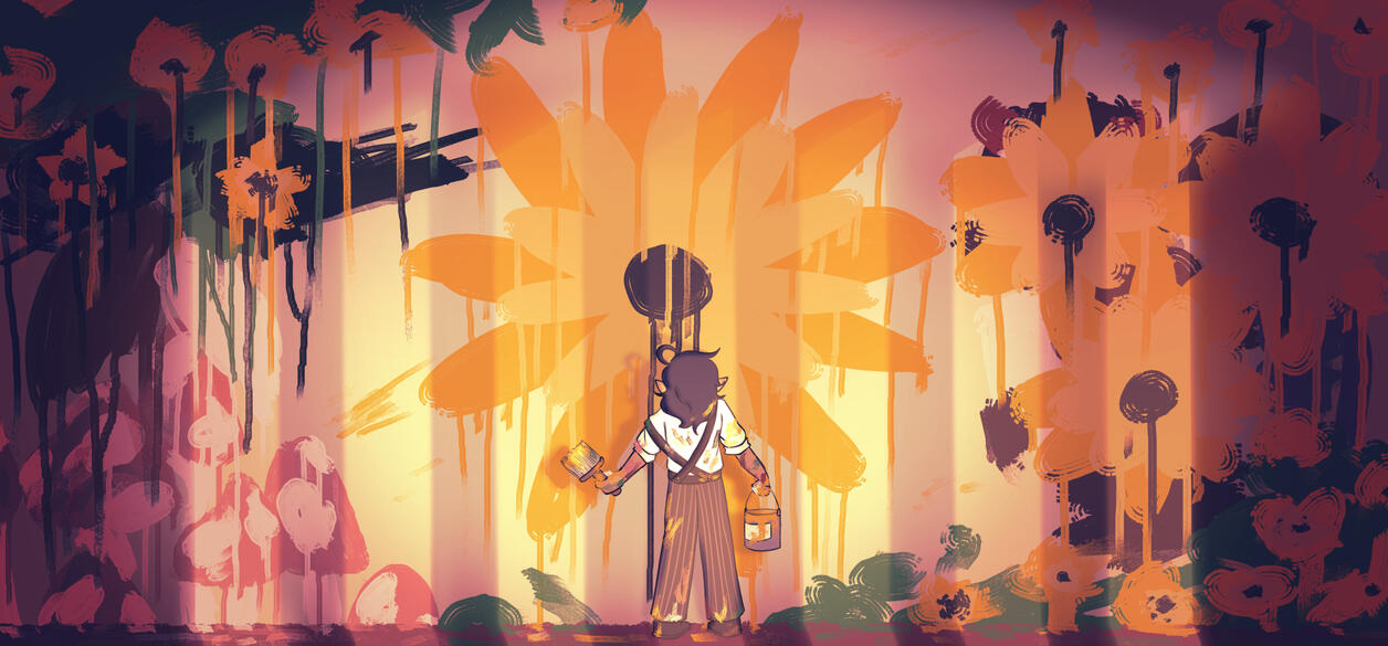 SUNFLOWERS 1 FULL BODY, FULL COLOUR, SIMPLE SHADING, COMPLEX BACKGROUND
