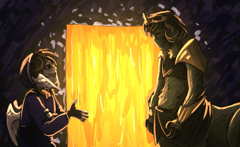 PRISON ENCOUNTER, 2 HALF BODIES, SIMPLE SHADING, SIMPLE BACKGROUND
